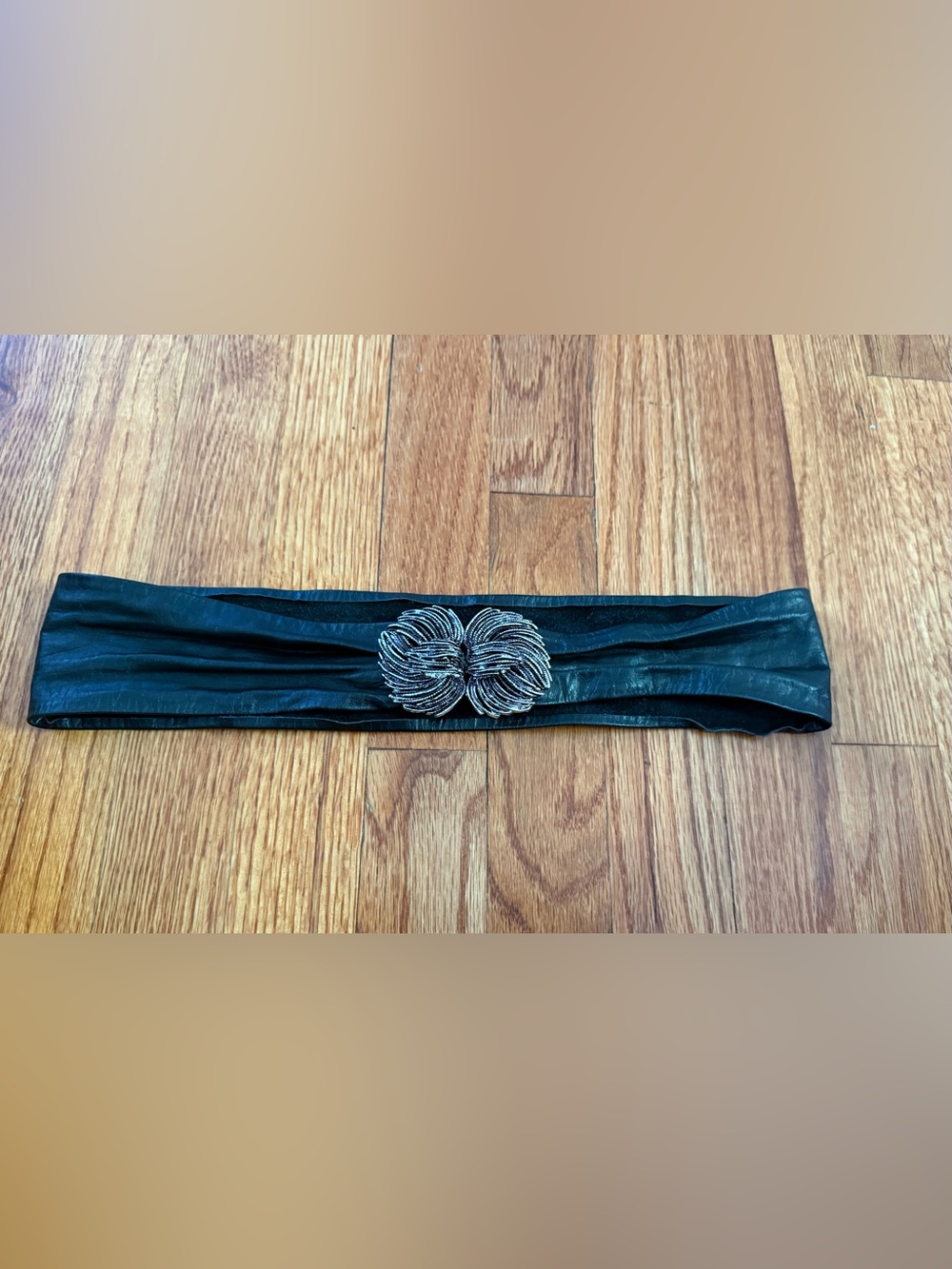 Vintage Black Leather Belt Silver tone metal buckle Beaded Belt Excellent